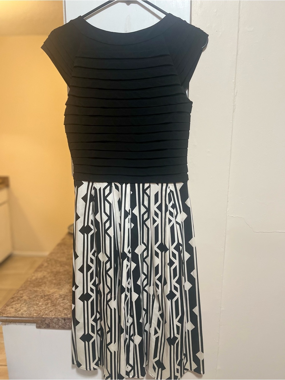 Signature by Sangria Black Top with Black & White Geometric Midi Skirt